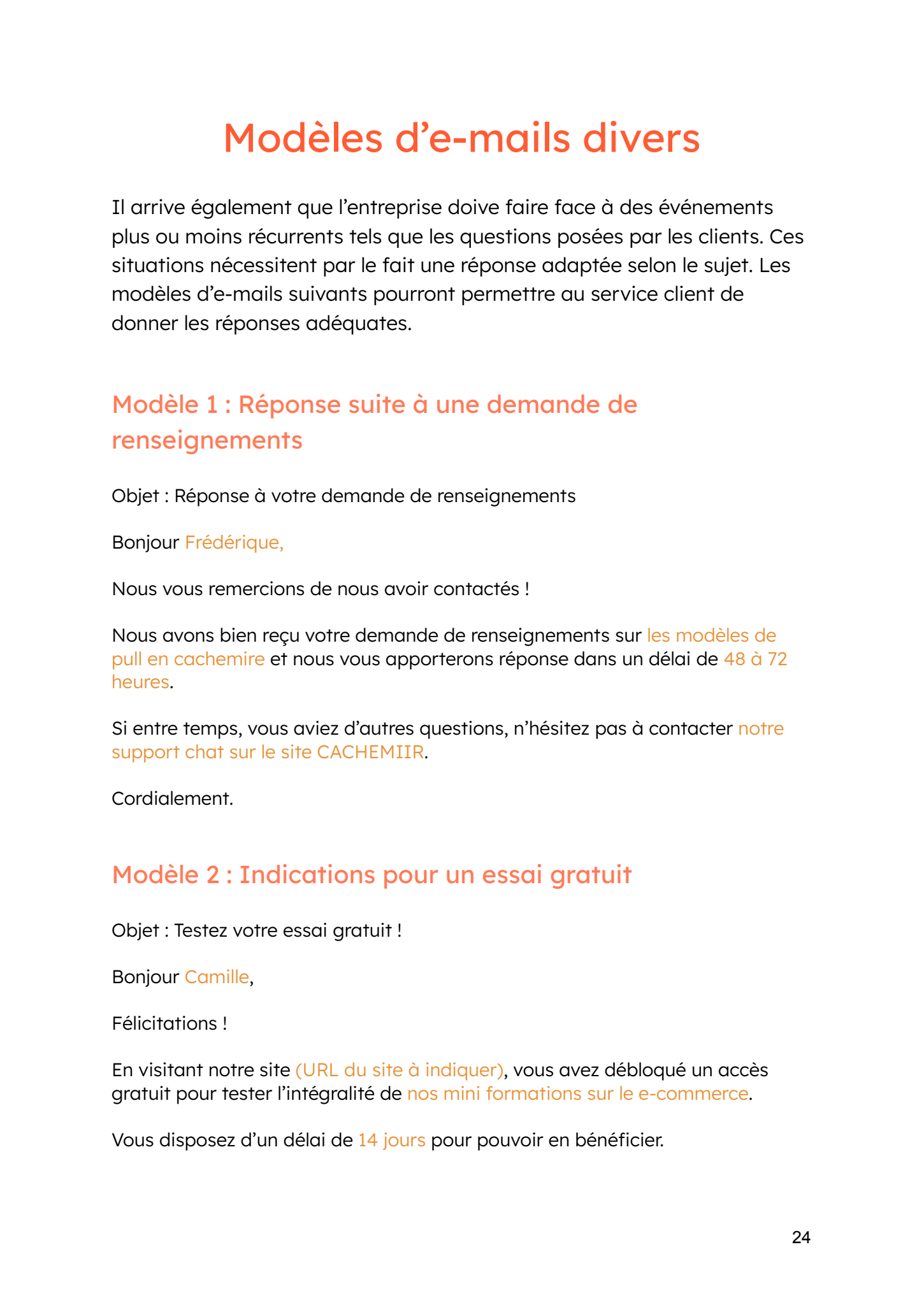 Mod les d e mails pour le service client